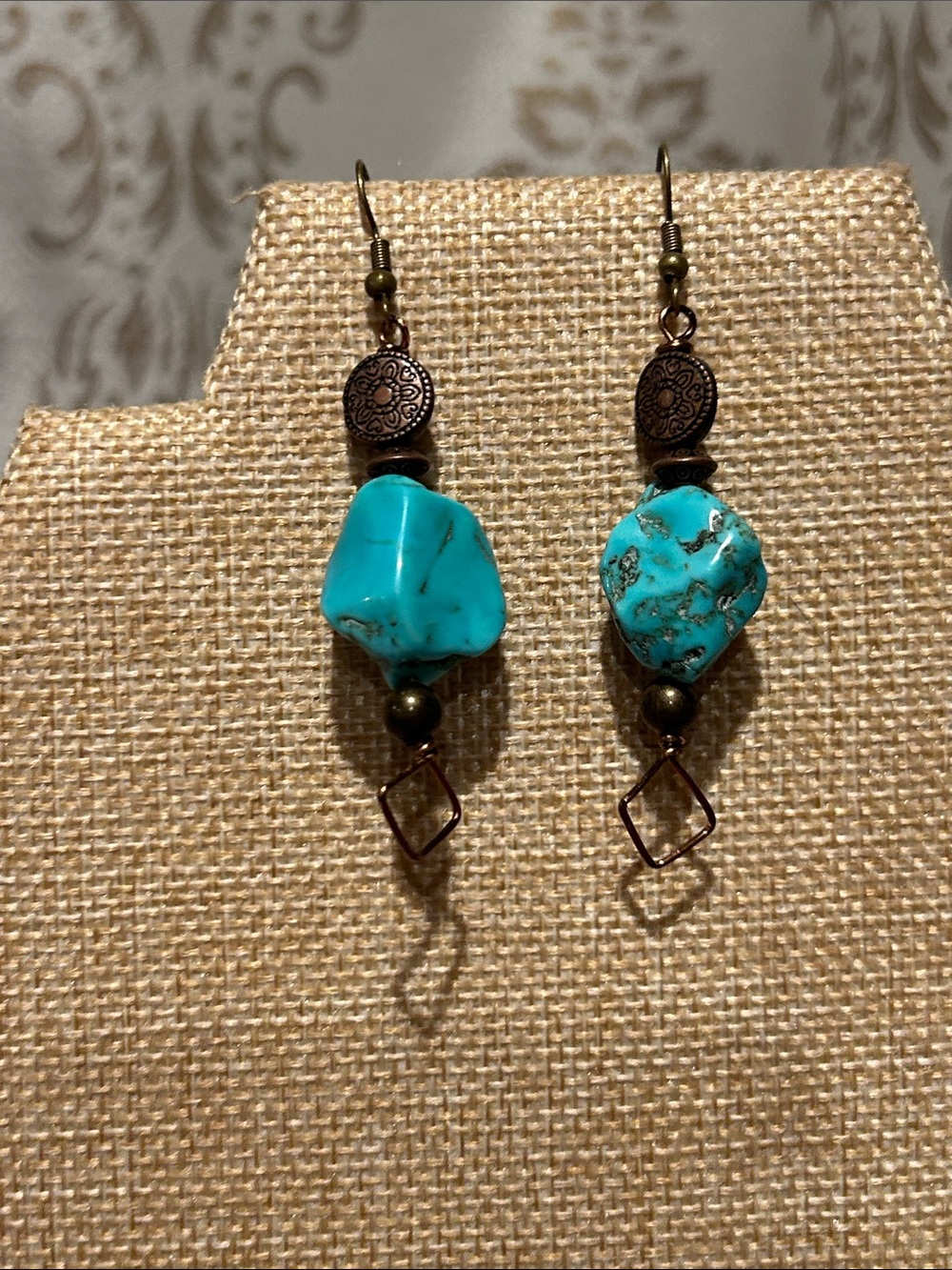 Boho Turquoise Stone Drop Earrings with Antique Bronze Accents